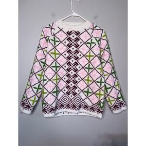 1950s Pink Green Red Lattice Floral Nordic Christmas Coquette Cottage Sweater M